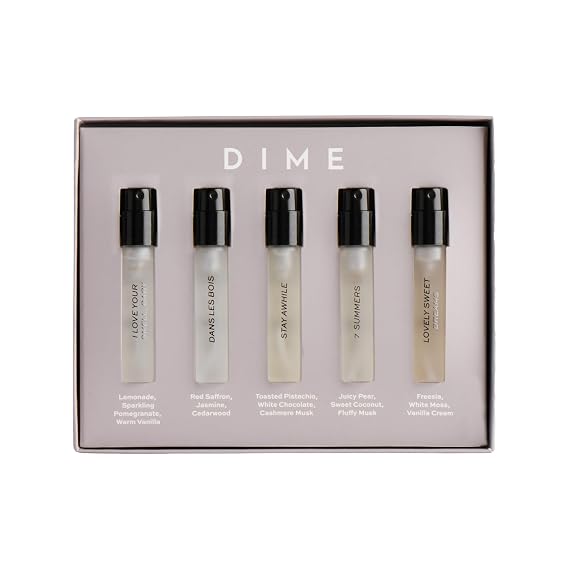 DIME Beauty Perfume Sampler, Set of 5, 2 ml | Clean, Eau de Parfum sampler for women. 5-piece discovery set, travel size 2 ml each.