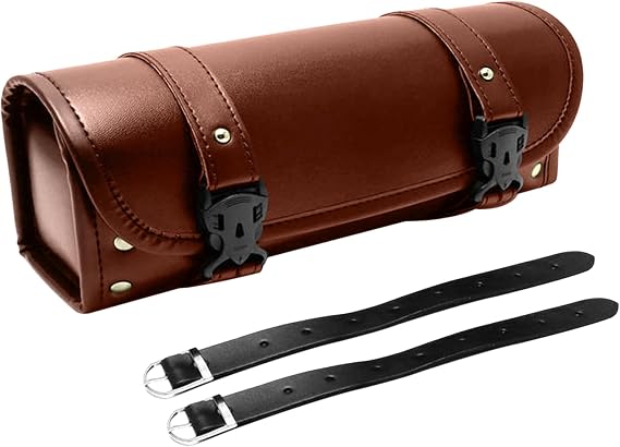 Motorcycle Shkalacar Universal Tool Bag, PU Leather Fork Saddlebag with Adjustable Straps, Handlebar Bag Storage Fit Most Motorcycles Brown/Black