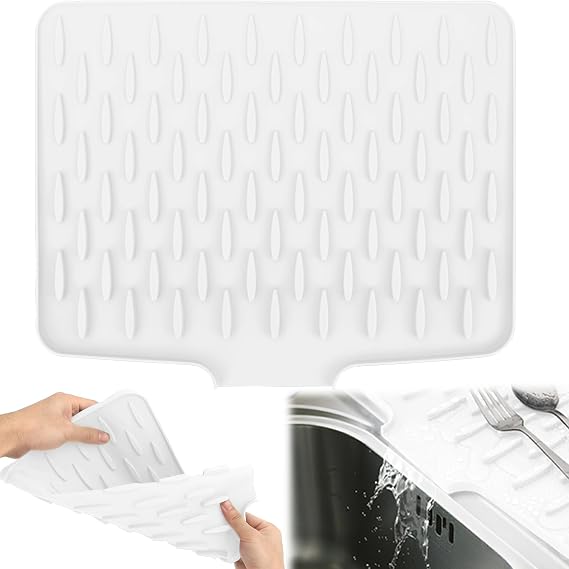 Silicone Draining Mat,Silicone Dish Drying Mat Non-Slip Sink Drainer Mat,No-Spill Mat & Heat Resistant Folding Draining Board Mat for Campervan Kitchen Counter,Sink (White)
