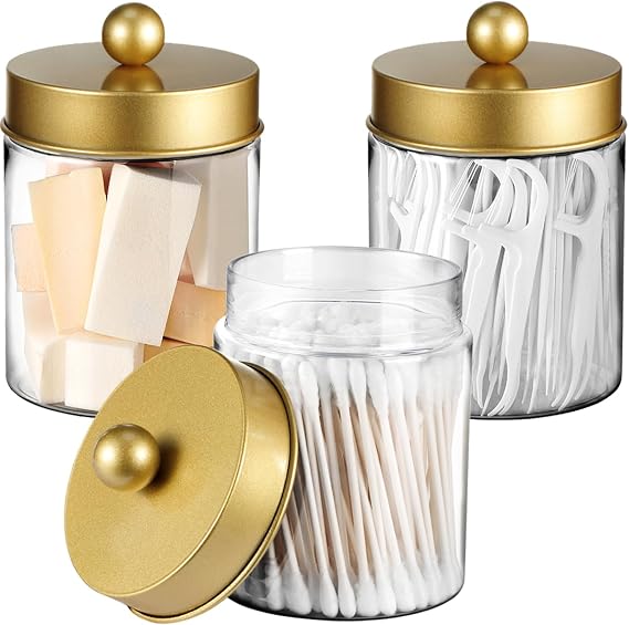3PC Farmhouse Decor Qtip Holder Apothecary Jars Bathroom Vanity Storage Organizer -Countertop Canister Container &Cute Stickers for Cotton Swab,Ball,Pad,Floss,Paper Clips (Gold,Plastic)