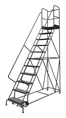 Tri-Arc KDSR111246-D2 11-Step 20 Deep Top Steel Rolling Industrial & Warehouse Ladder with Handrails, 24 Wide Perforated Tread