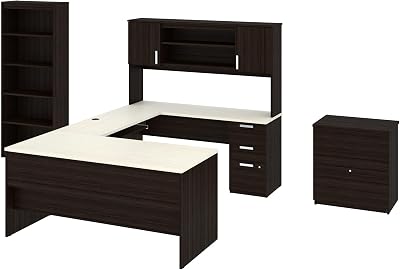 Bestar, Ridgeley Collection, 3-Piece Set Including a U-Shaped Desk with Hutch, a Lateral File Cabinet, and a Bookcase