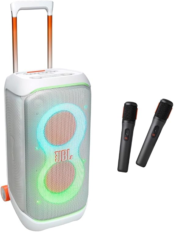 JBL PartyBox Stage 320 - Party Speaker with Telescopic Handle & Wheels, Powerful Pro Sound, 18 Hours of Play time (White) + JBL PartyBox Digital Wireless Microphones, Pair (Black) Bundle