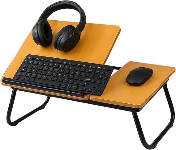 Laptop Bed Table with Foldable Legs & Cup Holder - Adjustable Folding Laptop Desk for Bed, Sofa, Floor or Office - Portable Lap Desk Tray with Book & Notebook Stand (Brown)