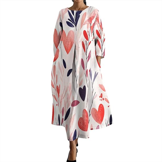 ZOCAVIA Women's Vintage 3/4 Sleeve Floral Dress Maxi Dress Oversized Casual Crewneck Pleated Dress Heart Print Dress