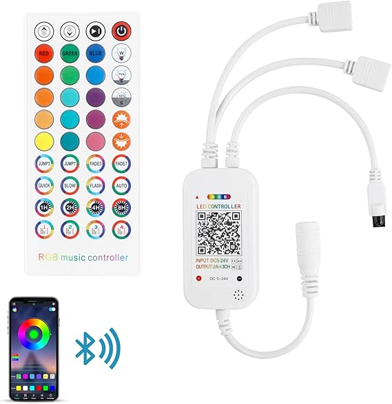 RGBZONE Smart Bluetooth RGB LED Controller for 4-PIN 5050/3528 Strip Lights | Bluetooth & IR Remote Control, Music Sync Mode,16M Colors & Dimmable, APP Timer for Wake/Bed/Party, Fits 5-24V RGB Strips