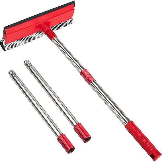 2-in-1 Window Squeegee with 30"-59" Stainless Steel Adjustable Handle - Glass Cleaner for Shower Doors, Car Windshield & High Outdoor Windows (Red)