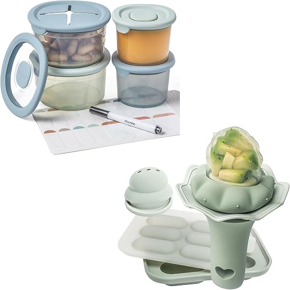 Moonkie Silicone Baby Food Containers | Baby Fruit Feeder with Freezer Tray and Two Sizes Pouches