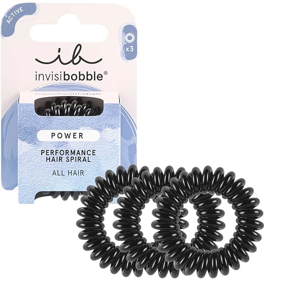 invisibobble Power Traceless Spiral Hair Ties - Pack of 3 True Black - Strong Elastic Grip Coil Hair Accessories for Active Women - No Kink, Non Soaking - Gentle for Girls Teens and Thick Hair