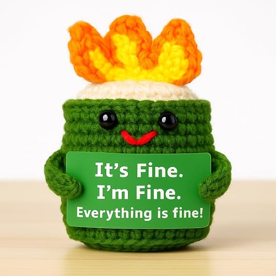Burning Crochet Dumpster Fire, Woollen Funny Stress Relief Desk Toy, Mood Booster with “It’s Fine, Everything is Fine” Sign, Humorous Gift for Colleague Novelty Gag Birthday Present. Emotional Support