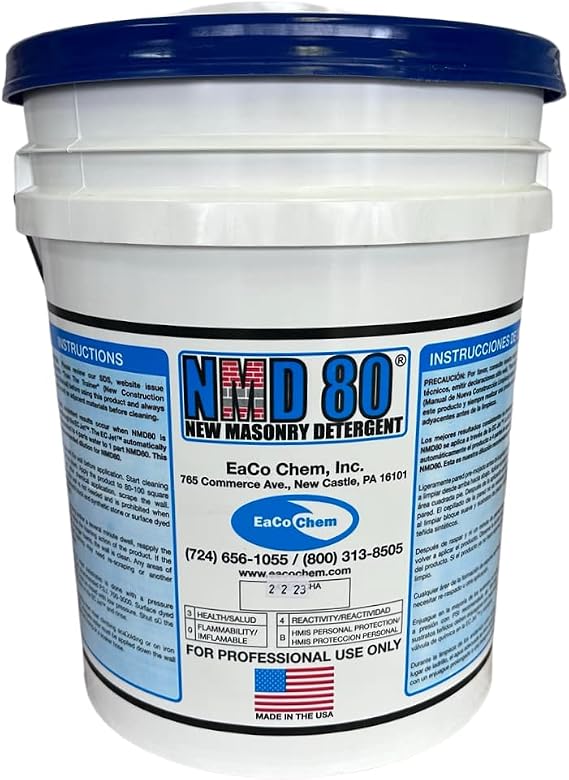 EaCo Chem NMD 80 -#1 New Masonry Detergent - Powerful Safe & Effective - Remove Efflorescence and Mortar Smears From Brick, Stone, Limestone, Unpolished Granite, Precast, Concrete + More! - 5 GALLON