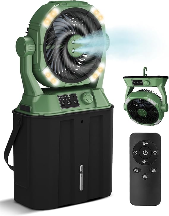 Portable Misting Fan with 7L Bucket, 9-inch 26800mAh Rechargeable Cordless Variable Speed Misting Fans, Cooling Fan with Remote & 4 Spray Mister, Warm/Cool White Night Light for Camping Patios