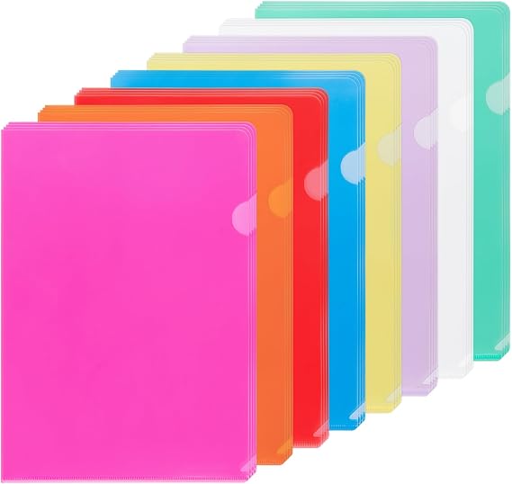 25 x Clear Plastic Folders A4, 8 Assorted Colours A4 Sleeves Wallets, Open Top & Side Transparent File Pocket for File Paper Cover, Cut Flush Folders for Report,Project,Presentation