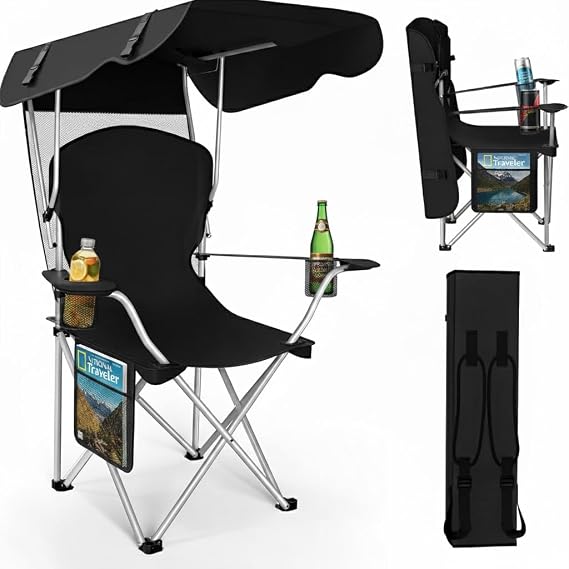 Portable Folding Camping Chairs with Canopy Shade, Beach Chair for Adults, Durable Weather Resistant 600D Oxford Cloth, Camping Chair with Canopy for Outdoors [Black]