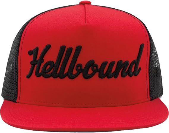 Hellbound Trucker Cap for Men Flat Bill Mesh Snapback Hat 5-Panel Red Cap with Bold Black Hellbound Front One Size Adjustable Cotton/Poly/Nylon Blend Outdoor Summer Baseball Hat