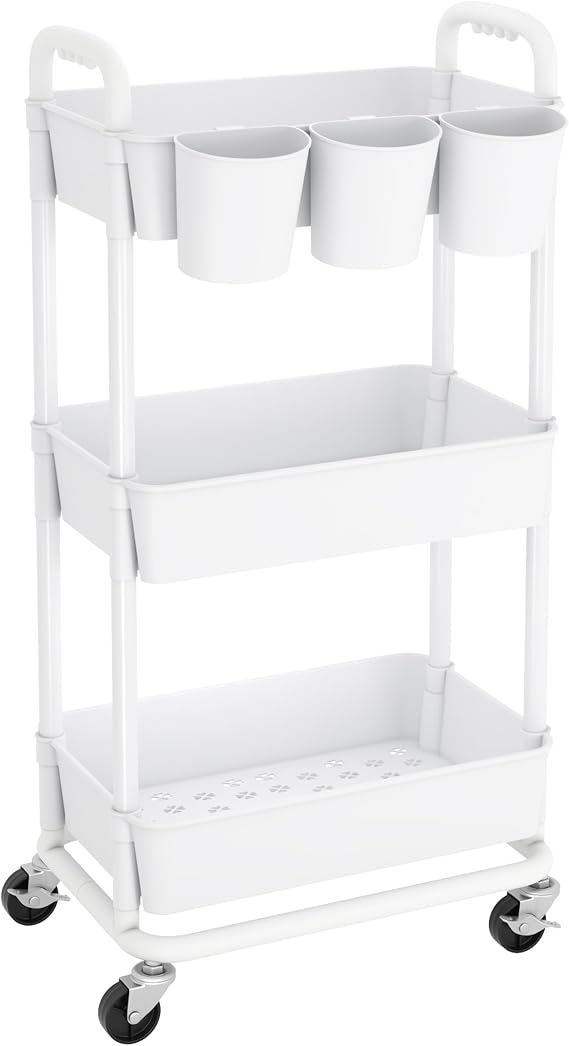 JIUYOTREE 3-Tier Plastic Rolling Storage Cart Utility Cart with Extra Hanging Cups Handles Lockable Wheels for Living Room Bathroom Kitchen Office White