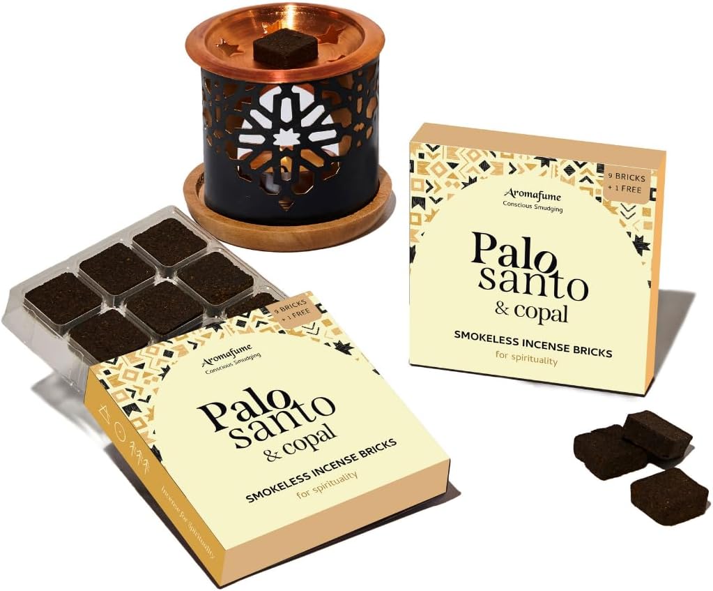 Palo Santo & Copal Smokeless Incense Bricks & Oriental Burner | 2 x 9 Bricks | Aromatherapy | Smudging | Made with Essential Oils | Natural Air fresheners for Home | Spiritual Meditation Accessories
