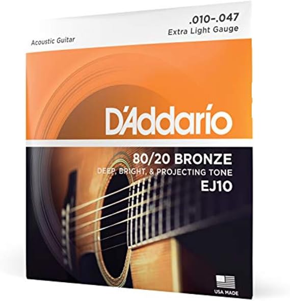 D'Addario EJ10 80/20 Bronze Acoustic Guitar Strings, Extra Light 10-47 | Bright projecting 80/20 bronze acoustic guitar strings deliver crisp tone, reliable performance, and comfortable playability