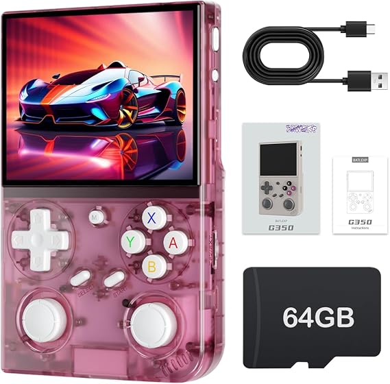 G350 Retro Handheld Game Console 3.5-inch 640*480 IPS OCA Screen 3200mAh Lithium Battery with 64G TF Card and Wireless Networt Portable Game Console Multiple Classical Simulators-Transparent Pink