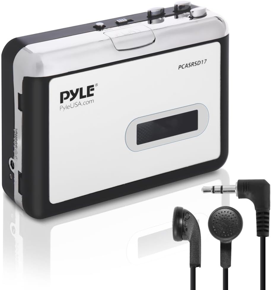 Pyle 2-in-1 Cassette-to-MP3 Converter Recorder - USB Walkman Cassette Player - Portable Battery Powered Tape Audio Digitizer with 3.5mm Audio Jack Headphones- Pyle PCASRSD17 , White