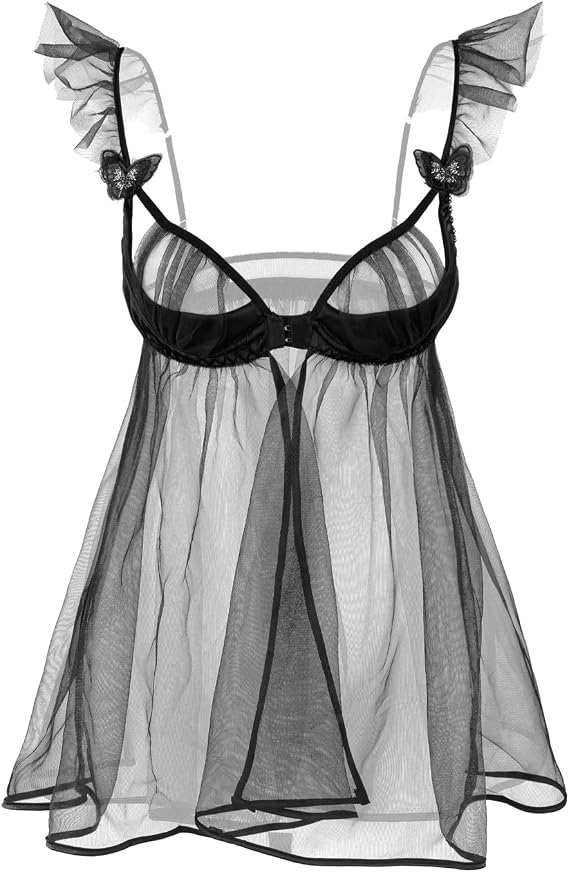 Women Babydoll Lingerie Front Closure Lace Chemise Nightgown Dress V Neck Sheer Mesh Nightwear Wedding Nightie