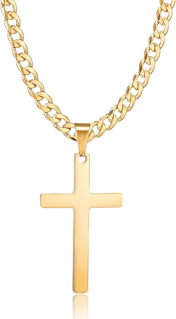Men's Cross Chain Silver/Gold/Black Necklace Christmas Birthady Religious Gifts for Men Women Stainless Steel Inverted Pendant with Cross 20/24/28 Inches