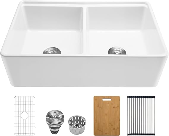 VEVOR 33x20 inch Farmhouse Sink, White Sink Workstation, Fireclay Undermount Basins, Apron Front Double Bowl Basin with Multiple Accessories, Large Capacity Household Dishwasher Sinks for Kitchen