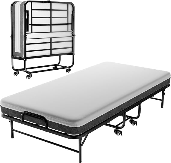 Cozy Castle 75" x 31" Folding Bed with 5" Memory Foam Mattress, Portable Rollaway Bed with Heavy-Duty Steel Frame & Wheels, Guest Bed for Adults, Apartment, Office