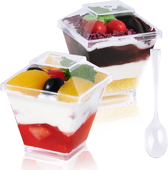 JOLLY CHEF 2 oz Mini Dessert Cups with Spoons and Lids, Square 100 Pack | Tall Clear Plastic Parfait Appetizer Cup, Small Serving Bowl for Party Desserts Appetizers
