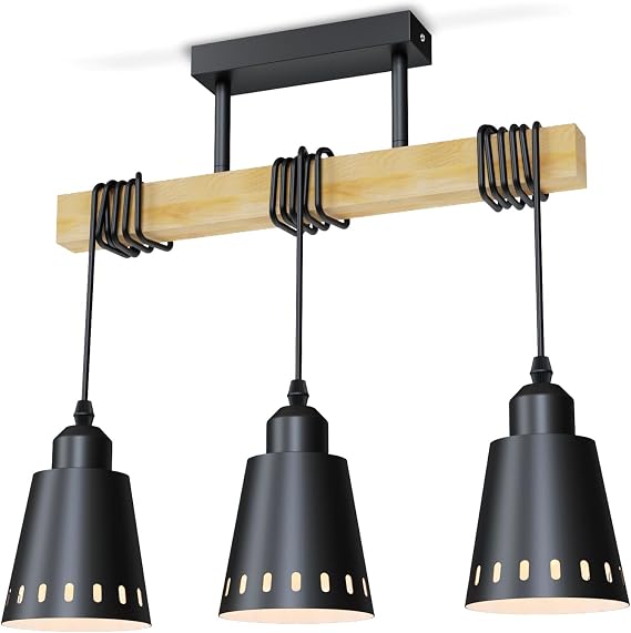 LVWIT Black Hanging Lights,Kitchen Island Lights,Pendant Lighting,Wood Ceiling Light Fitting,3 Way Drop Lights Ceiling,Industrial Ceiling Lights for Lving and Dining Room(E27 Base,NO Bulbs)