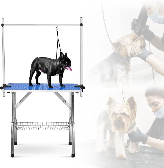 Dog Grooming Table with Arm & Clamp, Adjustable Height, Non-Slip Surface - Duty Foldable Pet Table for Small and Medium Pets, Grooming Salon, Includes Storage Basket(Blue)