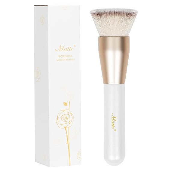 White Flat Top Foundation Brush for Liquid and Cream Makeup | Wood foundation makeup brush for liquid foundation, cream makeup, mineral foundation, blends, buffs and stipples