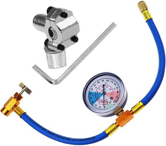 R134a Refrigerant Recharge Hose Kit with BPV31 Piercing Valve for Bullet,Charging Hose Refrigerant Can Tap with Gauge,R134a can to R-12/R-22 port