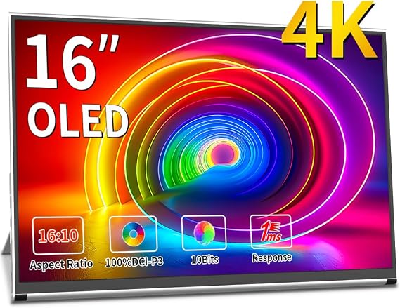 OLED Portable Monitor - 4K Portable Laptop Display 16 Portable Gaming Monitor 100% DCI-P3 HDMI/USB-C External Screen for Laptop/Switch/Xbox