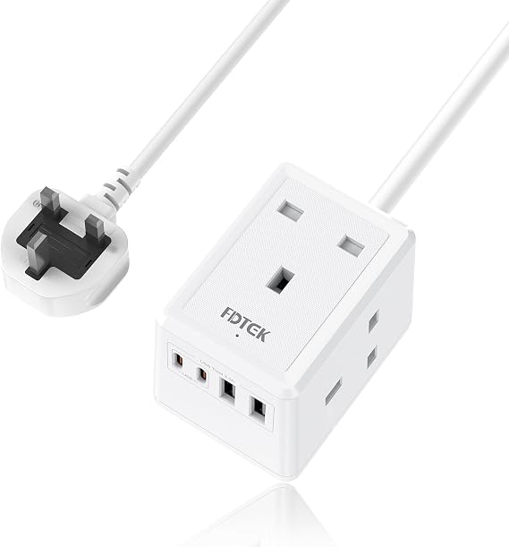 Extension Lead Cube with USB C Slots, FDTEK 3 Gang Socket Extension with 4 USB Ports, Small Extension Plug Wall Mount Power Strip with 1.5M Cable for Home Office Travel 13A/3250W