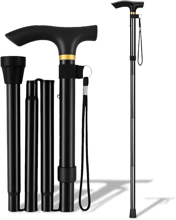 Walking Stick Folding Adjustable Height - Lightweight Aluminum Collapsible Walking Cane for Men Women and Elderly, Portable Mobility Aid with Non-Slip Rubber Tip