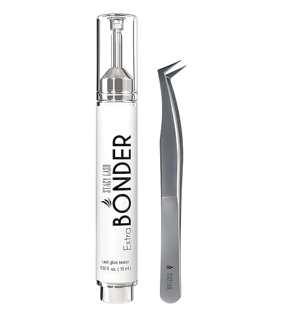 Extra Bonder & Stacy Lash STL-5 Volume L-Shaped Tweezers/Super Sealer/Prevents Adhesive Shock Polymerization/Precision Stainless Steel Tool/Angled Tips/Professional Supplies