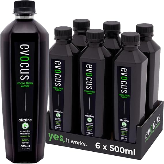 Evocus Black Alkaline Water | 8+ pH Water | Infused with Essential Minerals | Keeps you Hydrated | PACK OF 6 * 500 ml EACH | ZERO SUGAR | ZERO CALORIES | ZERO CARBS | ZERO CAFFEINE