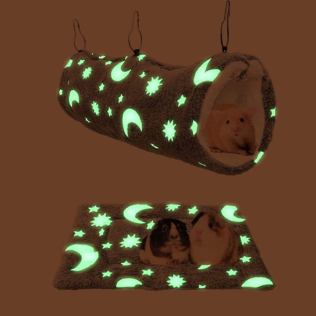 Luminous Noctilucent Glow Guinea Pig Rat Hammock Tunnel, Ferret Hanging Bunk Bed, Rat Ferret Guinea Pig Hideout and Soft Bed for Small Animals 4.Moon Tunnel and Mat