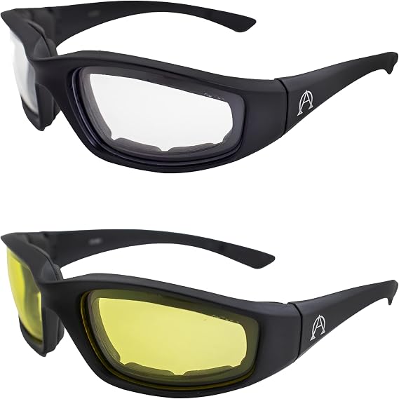 Alpha Omega AO1 Motorcycle Sunglasses Foam Padded Riding Safety Glasses Z87.1 for Men or Women 2 Pair Black Frame w/Clear & Yellow Lenses