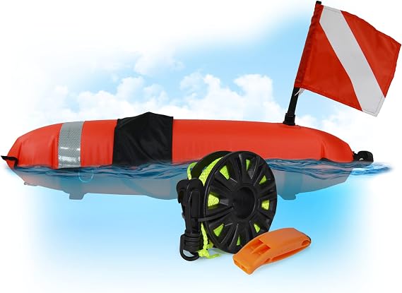 DiveSafe Torpedo Buoy Float for Scuba Diving, Spearfishing, Free Diving, Snorkeling and Swimming - Includes 11 ClipsBands for Accessories, Dive Flag, High Visibility Reflective Band, and 100ft Line
