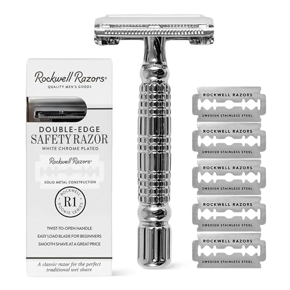 Rockwell Razors R1 Double Edge Safety Razor in White Chrome. Beginner-Friendly for a Smooth, Comfortable Shave. Twist-To-Open handle for Easy Blade Loading. Includes 5 Recyclable Safety Razor Blades.