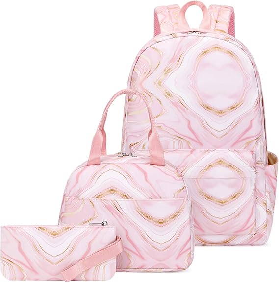 JiaYou Teens Girls Backpack Sets 3Pcs Daypack with Lunch bag Pencil case marble pattern print(Pink,20Liters)