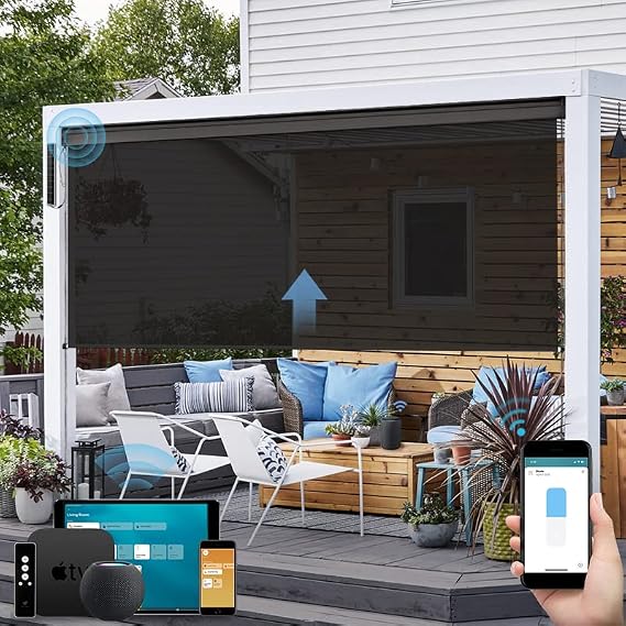 SmartWings Motorized Outdoor Patio Shade Roll Up Blinds for Porch Waterproof Work Homekit Window Shade Smart Motor Remote Control Screen Sun Roller Shade Blind Custom Size 5% Black