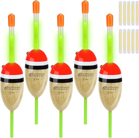 QualyQualy 5Pcs Lighted Fishing Bobbers EVA Foam Fishing Floats and Bobbers + 10Pcs Fishing Glow Sticks, Night Fishing Light Up Bobbers (Wood, 2.2'' - 5Pcs)