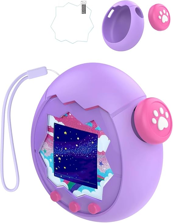 Silicone Protective Case for Tamagotchi Paradise - Soft Anti-Drop Shockproof Case with a String & Protective Film Electronic Pet Accessories Protection for Virtual Pet Game Machine (Purple)