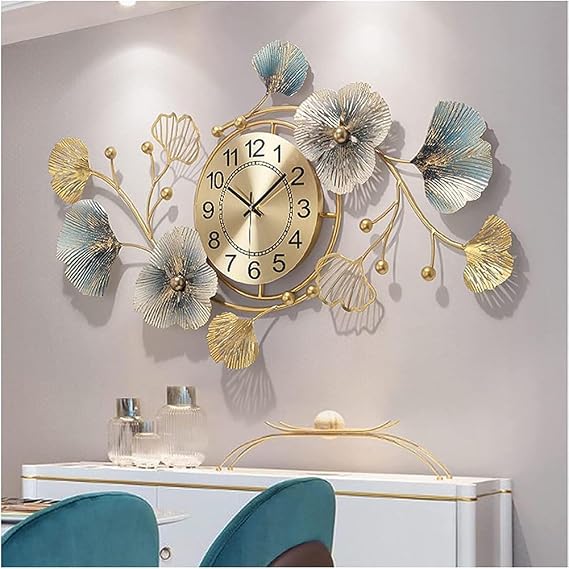 Modern Metal Wall Clock for Living Room - Metal Decorative - 3D Creative Ginkgo Leaf Metal Art Dial Home Decorations Handmade Nature Home Art Decoration(Color:52 * 94CM)