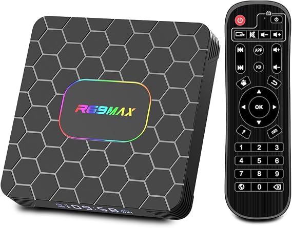 Android 14.0 TV Box,R69MAX Smart tv box with 4GB RAM 64GB ROM RK3528 Quad Core ARM Cortex A53 Mali-450 GPU Support 8K 3D 1080P 2.4/5.0GHz WIFI BT5.0 10/100M Ethernet DLNA HDMI2.0 USB3.0 H.265