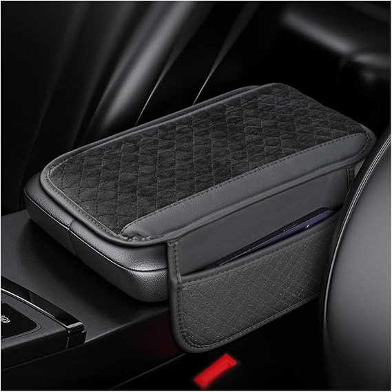Osilly Car Center Console Cover, Leather Vehicle Armrest Protection Pad with 2 Storage Bags, Automotive Interior Arm Rest Seat Box Cushion Accessories, Universal for SUV, Sedan, Truck (Black)