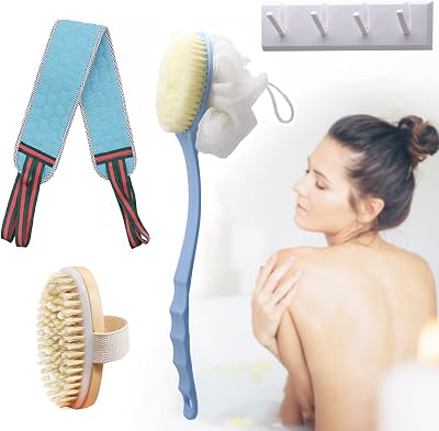Exfoliating Body Sets for Shower with Long Handle Back Brush,Dry Brushing Body Brush,Exfoliating Back Scrubber and White Hook Hanger to Deep Clean Your Body for Men and Women